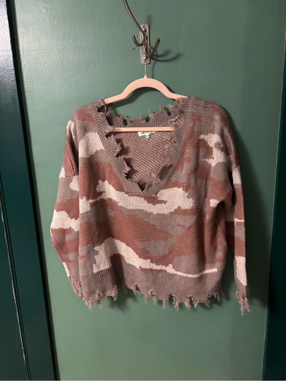 Miracle Camouflage Distressed V-Neck Sweater - Taupe, Cream, Mauve